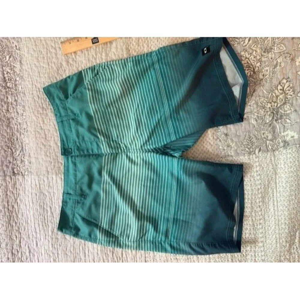 OAKLEY Swim Trunks‎ Men's Size 34 Green Stripe Board Surfer Logo Beach